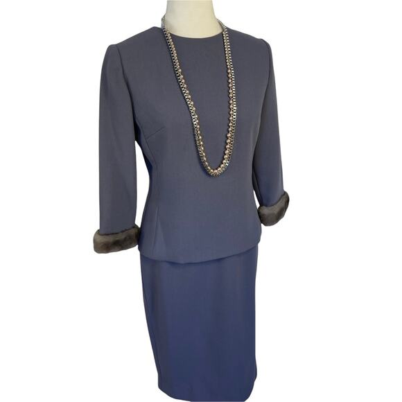 Chetta B Vintage 90's Genuine Mink Trimmed Two Piece Blue Gray Skirt Suit Size 4 - Picture 1 of 9